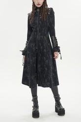 Manteau Punk Long pour Femme à Imprimé Motif Irrégulier avec Capuche et Épissure en Similicuir Noir